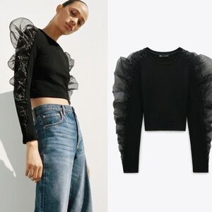 ZARA CONTRASTING ORGANZA Black Ruffled Sleeve Top